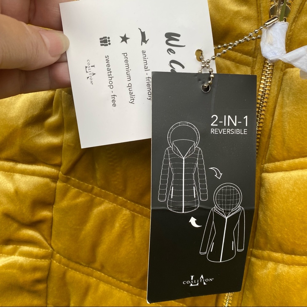NWT PETA-Approved Vegan Mustard gold / Cream blush Reversible Puffer Coa… - Picture 3 of 10